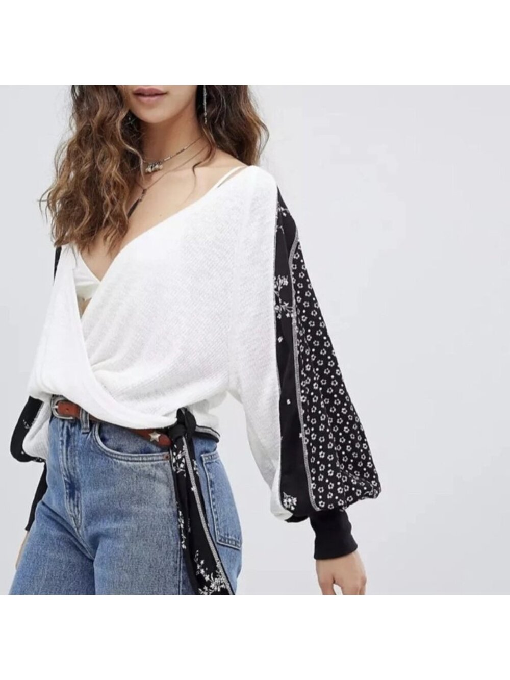 Free People Boho Chic Romantic Patchwork Print Balloon Sleeve Surplice Top Sz L